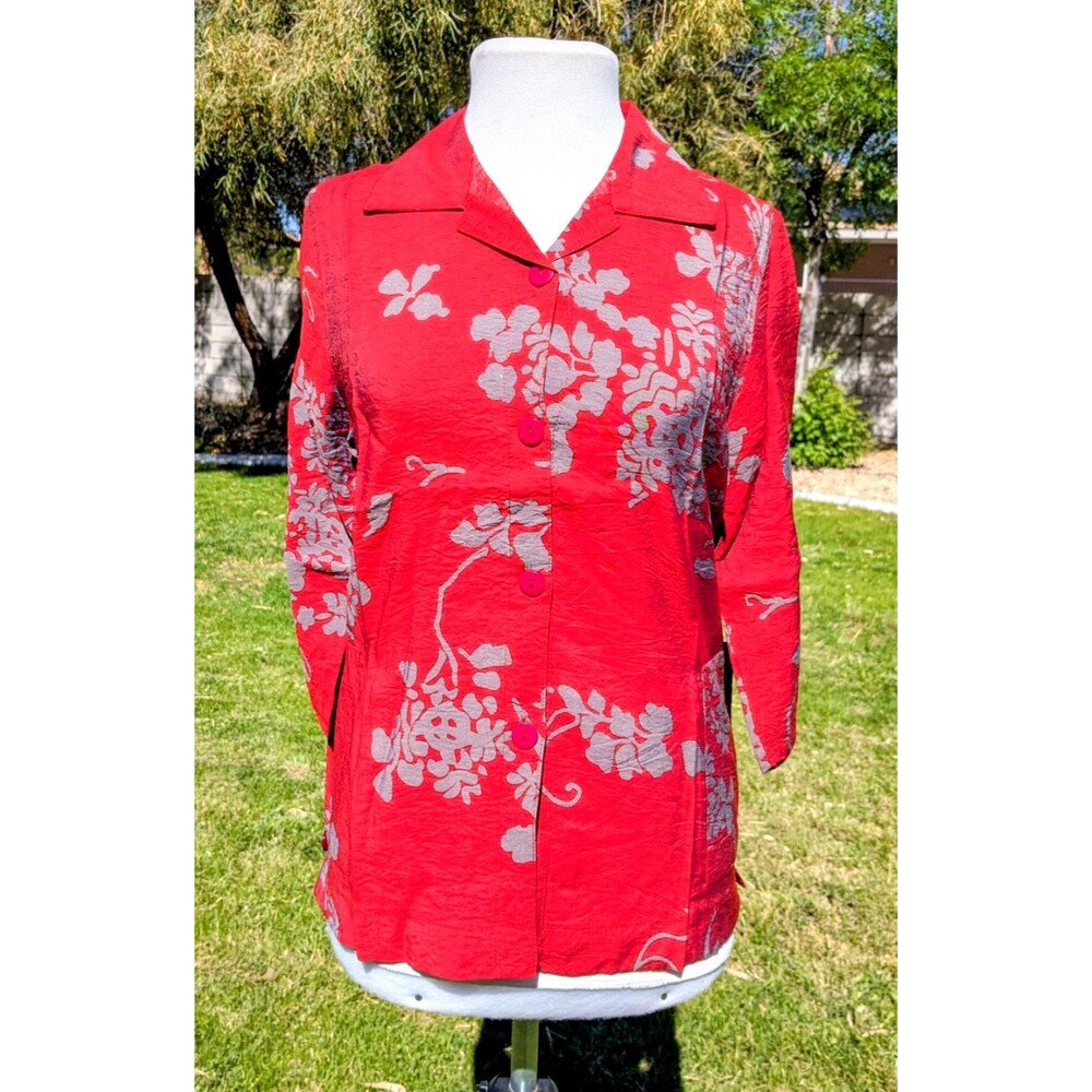 Vintage Women's Petite XL Red Floral Motif Button-Up L/S Shirt w/Pockets Top EUC